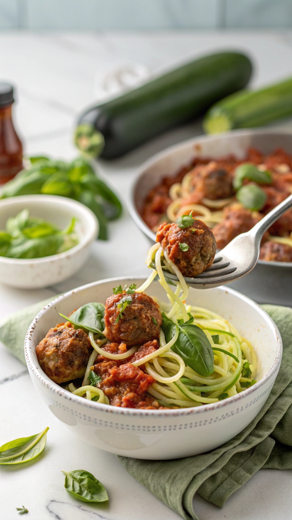 A bowl of zucchini noodles topped with meatballs and tomato sauce, garnished with fresh basil.