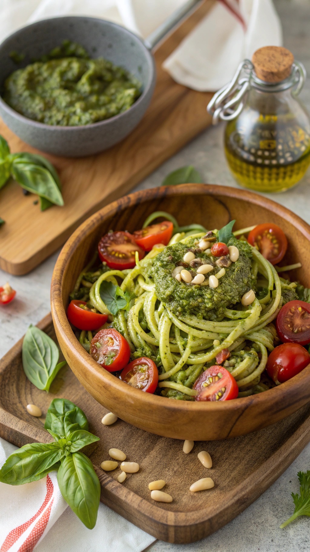 A bowl of zucchini noodles topped with pesto, cherry tomatoes, and pine nuts, served on a wooden plate.