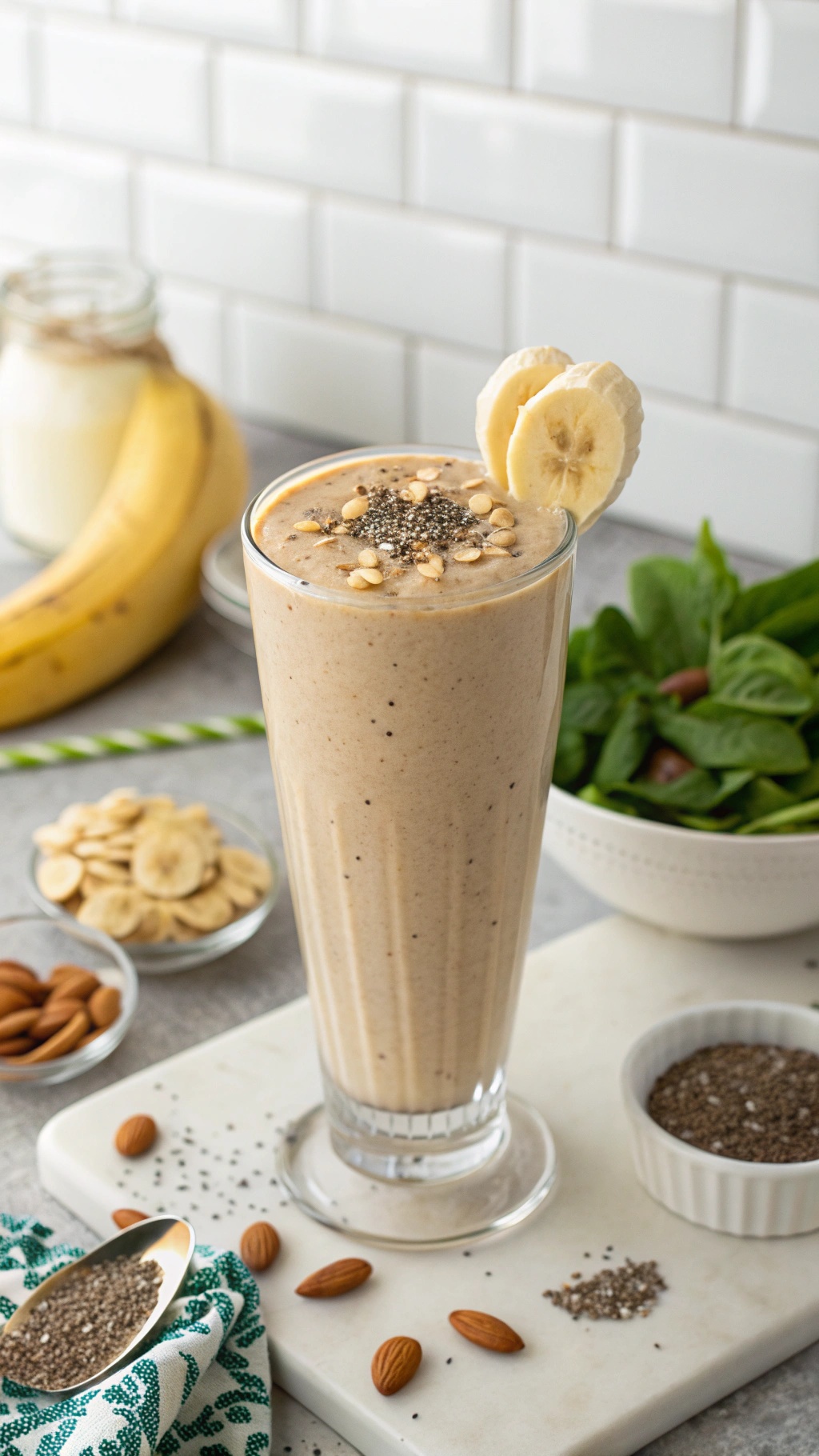 A tall glass of almond butter smoothie topped with banana slices and chia seeds, surrounded by fresh ingredients.