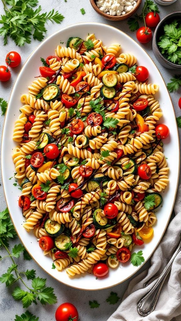A vibrant roasted vegetable pasta salad with cherry tomatoes, zucchini, and a drizzle of balsamic glaze.