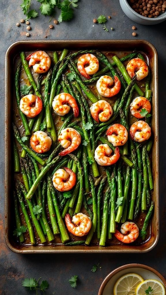 A sheet pan filled with shrimp and asparagus, garnished with parsley and lemon.