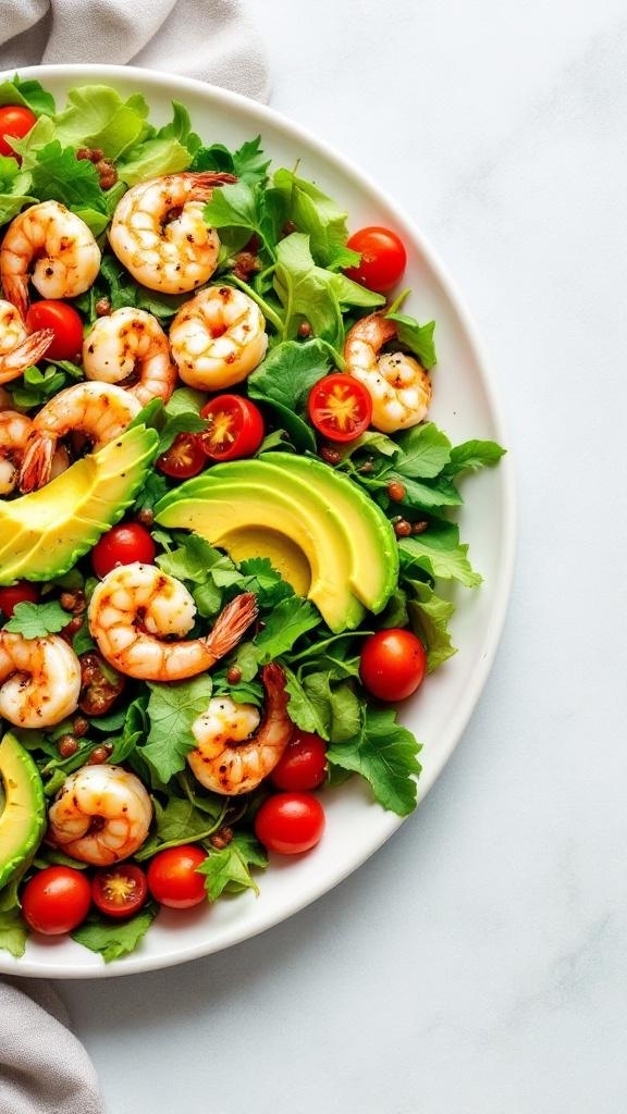 A colorful shrimp and avocado salad with mixed greens and cherry tomatoes.