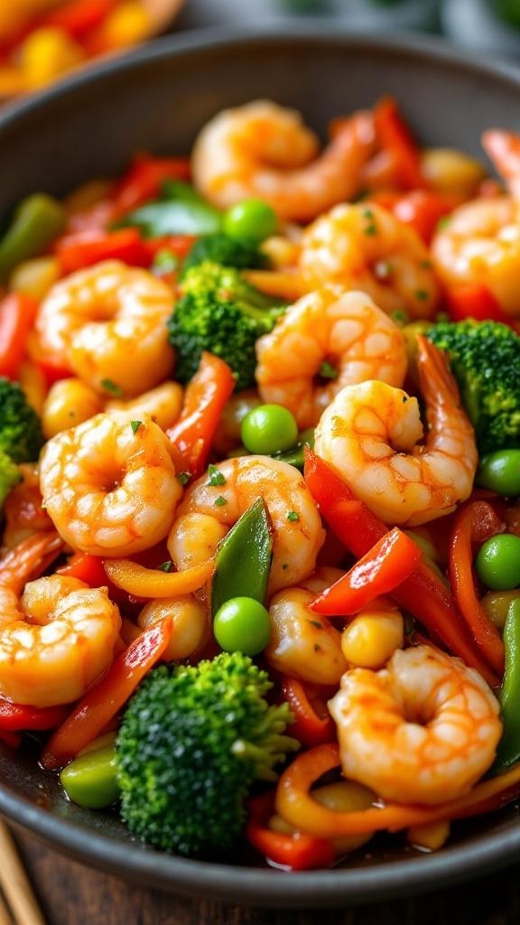 A colorful shrimp stir-fry with vegetables including bell peppers and broccoli.