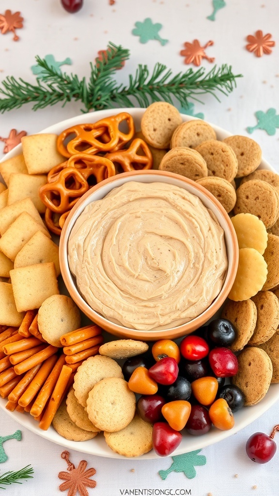 A bowl of silky no-bake chocolate chip cookie dough dip surrounded by various snacks.