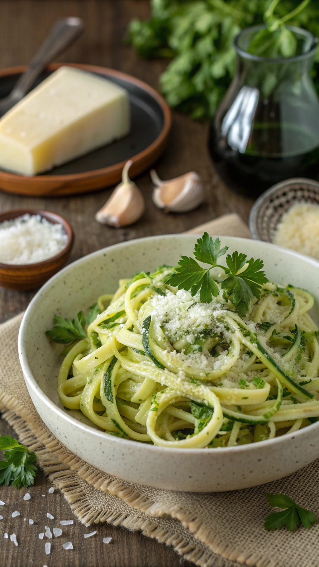 A bowl of garlic parmesan zucchini noodles topped with parsley, surrounded by garlic cloves and cheese.