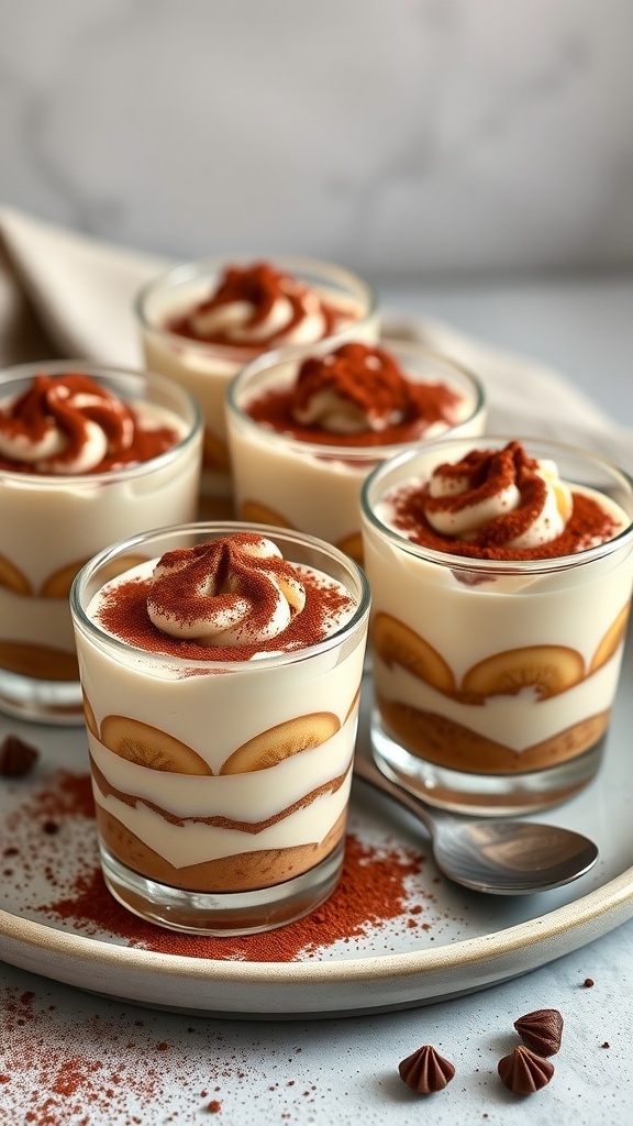 Elegant tiramisu cups with layers of mascarpone and coffee-soaked ladyfingers, topped with cocoa powder.