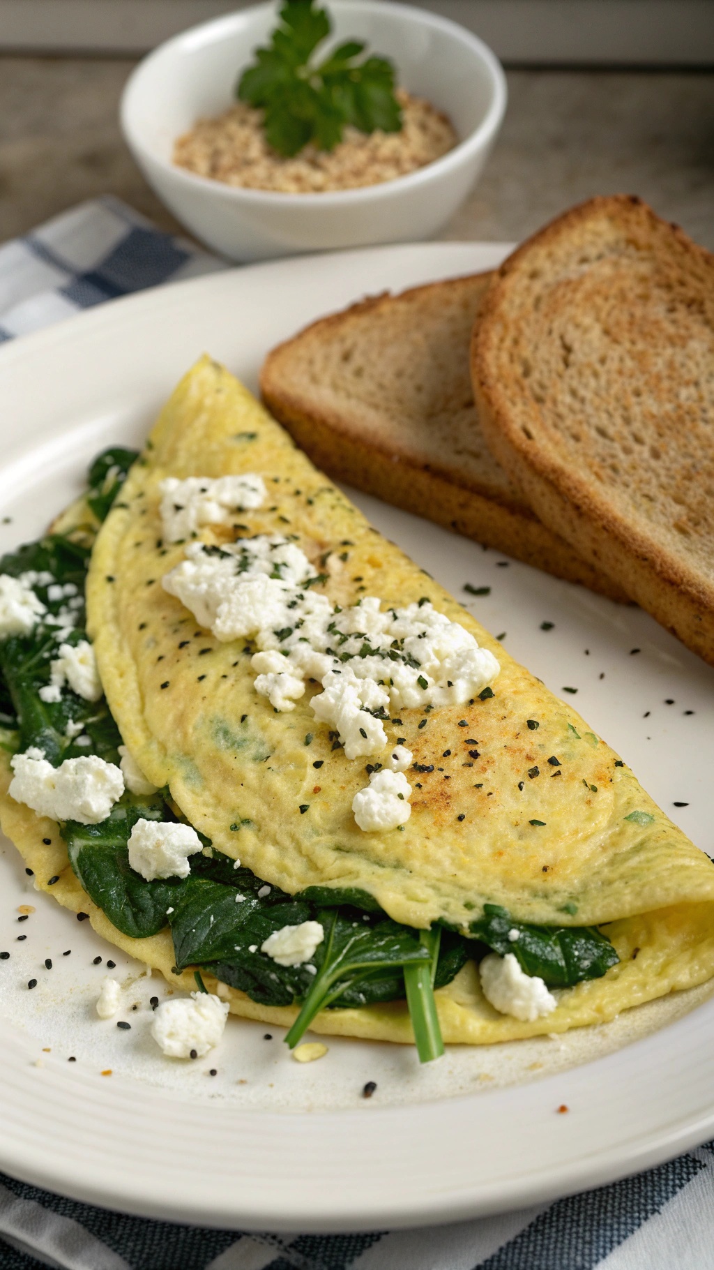 A delicious spinach and feta omelette served with toast.
