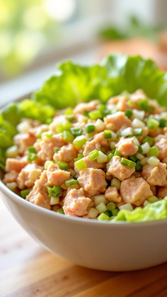 A bowl of fresh tuna salad with green onions on a bed of lettuce.