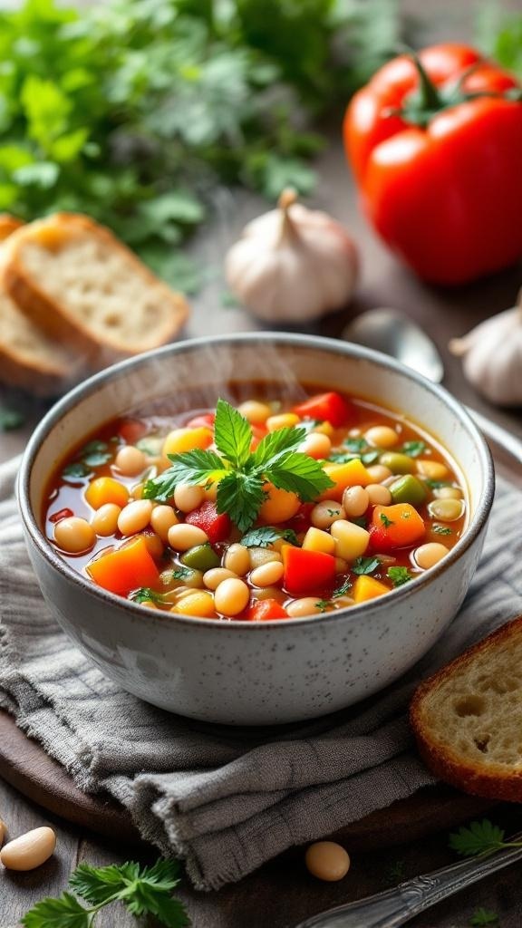 A bowl of hearty vegetable soup with colorful vegetables and a slice of bread on the side.