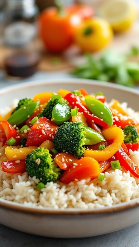 A colorful vegetable stir-fry with bell peppers, broccoli, and snap peas served over rice.