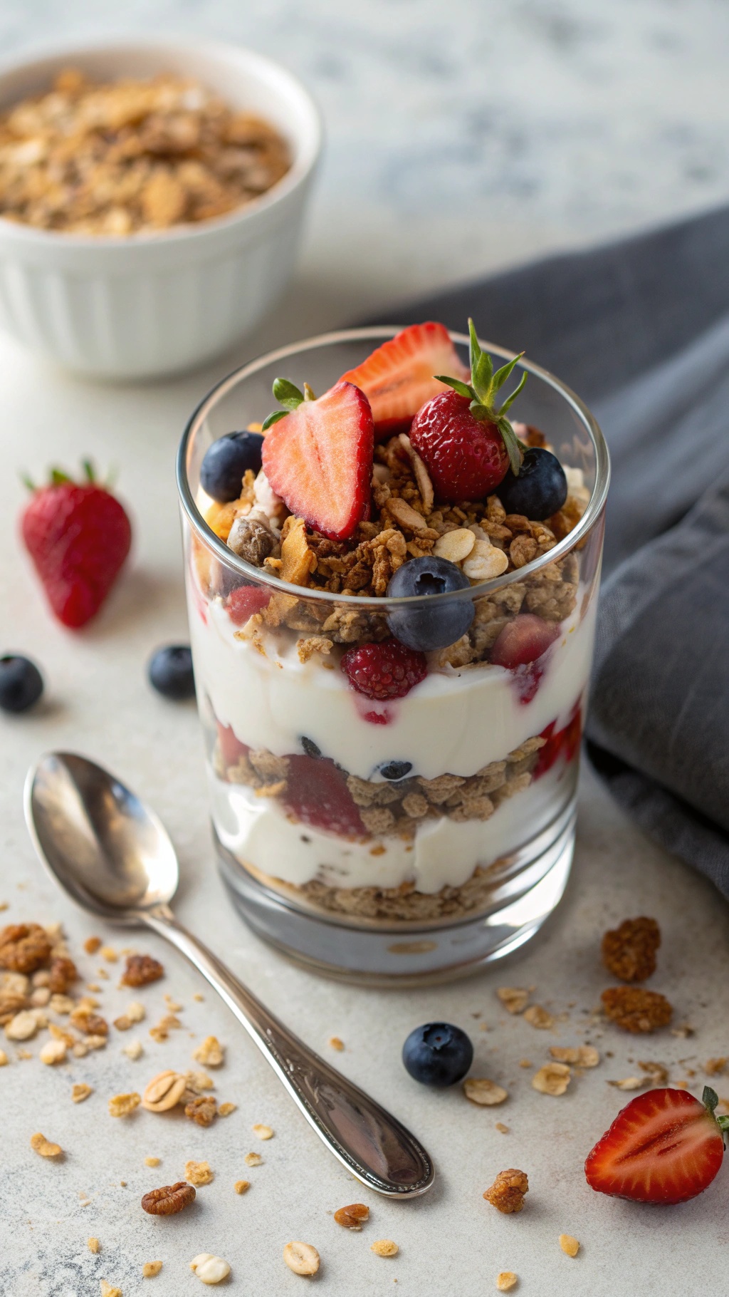 A delicious Greek yogurt parfait layered with granola and fresh berries.