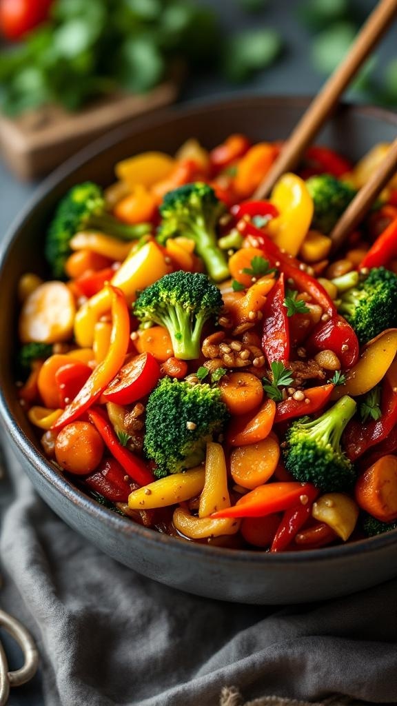 A colorful veggie stir-fry with broccoli, bell peppers, and carrots in a bowl.
