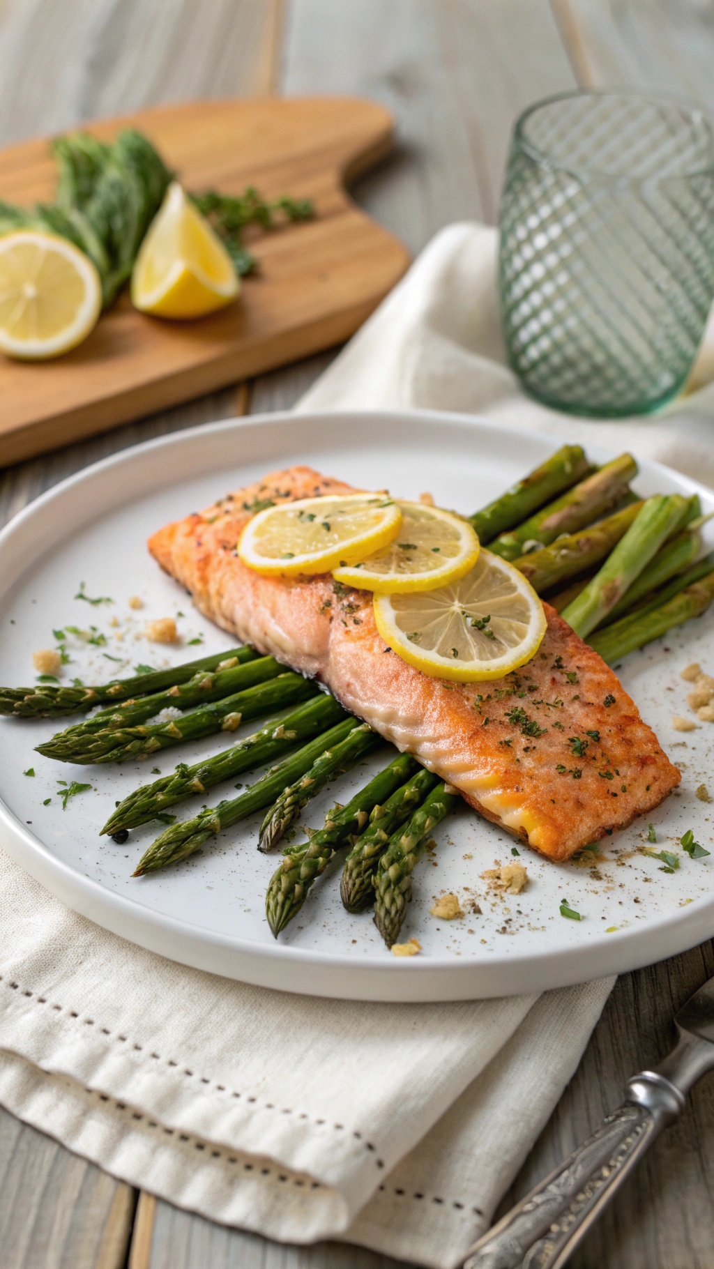 Baked salmon fillet with asparagus and lemon slices on a white plate.