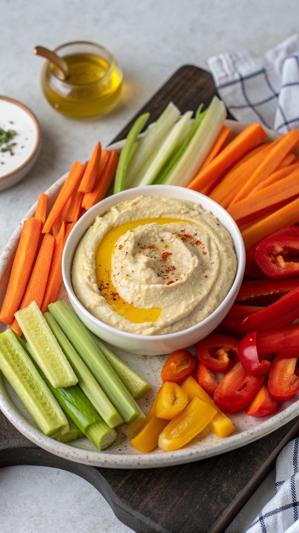 A plate of hummus surrounded by colorful veggie sticks including carrots, celery, and bell peppers.