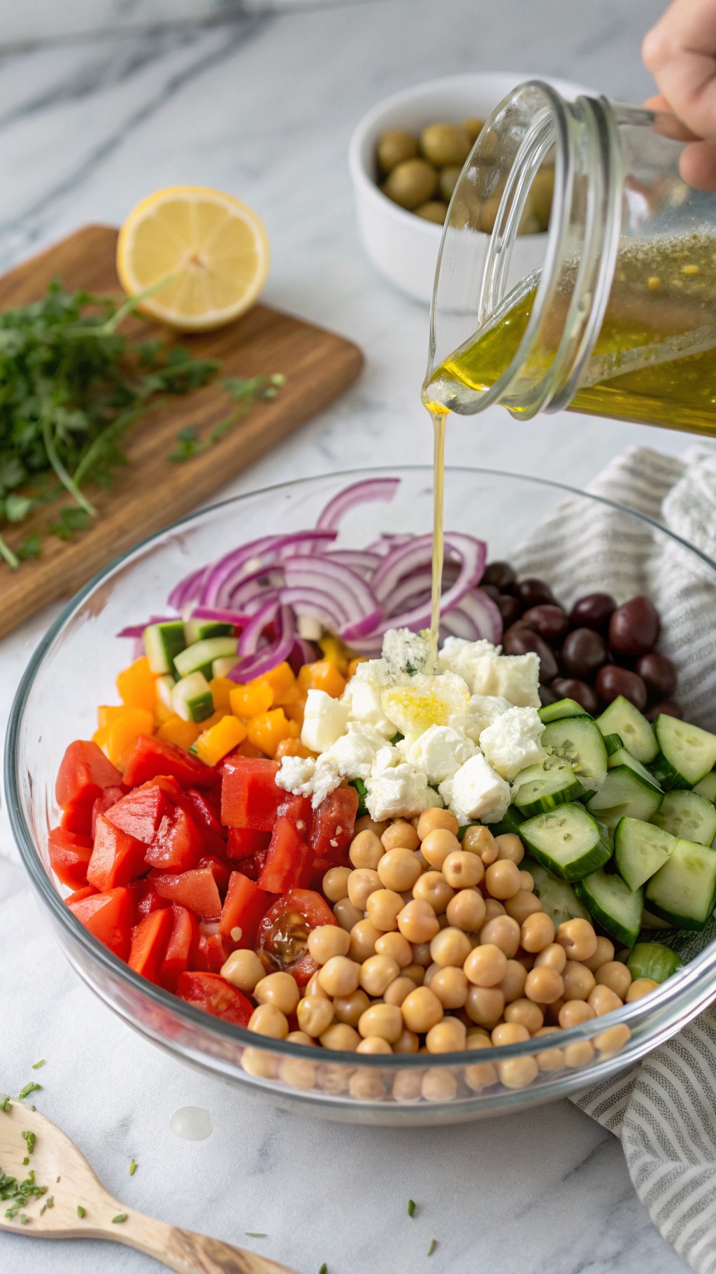 A bowl of Mediterranean Chickpea Salad with colorful vegetables and feta cheese being drizzled with olive oil.