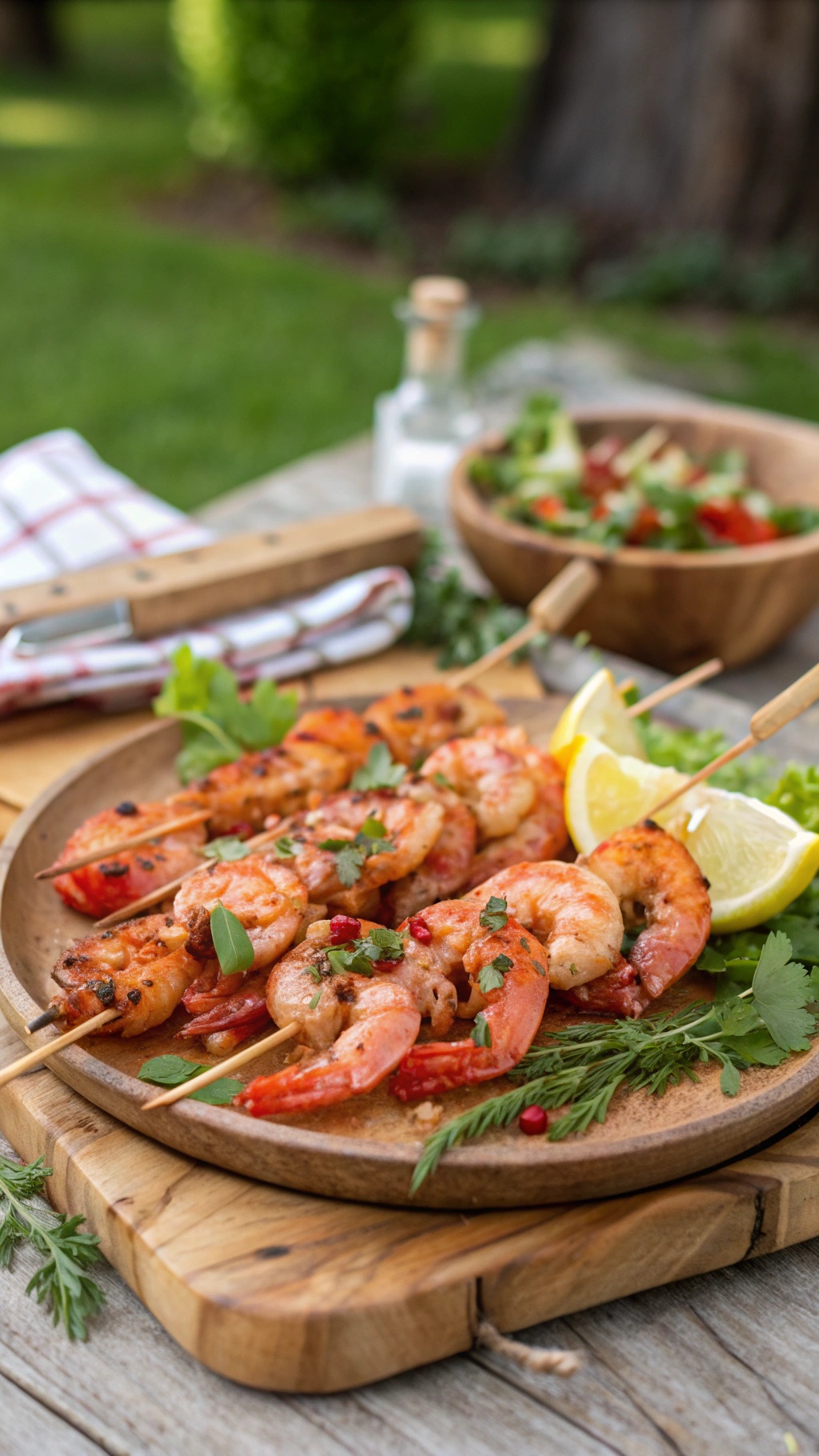 Delicious spicy shrimp skewers garnished with herbs and lemon slices on a wooden platter.