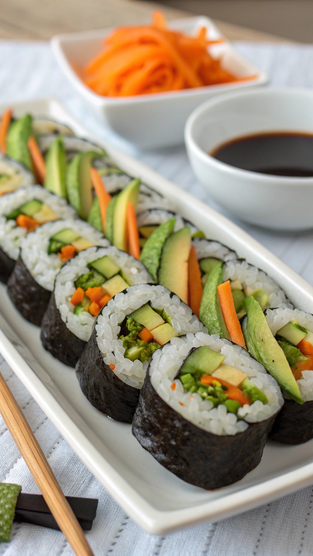 A platter of colorful veggie sushi rolls with a side of pickled carrots and soy sauce.