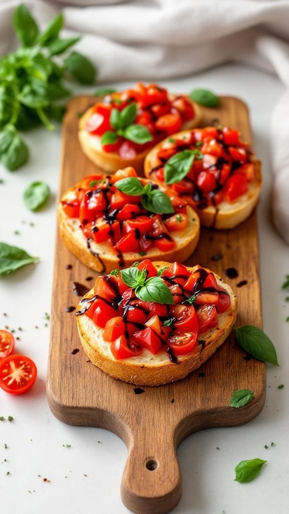 Bruschetta with tomatoes and basil on a wooden cutting board