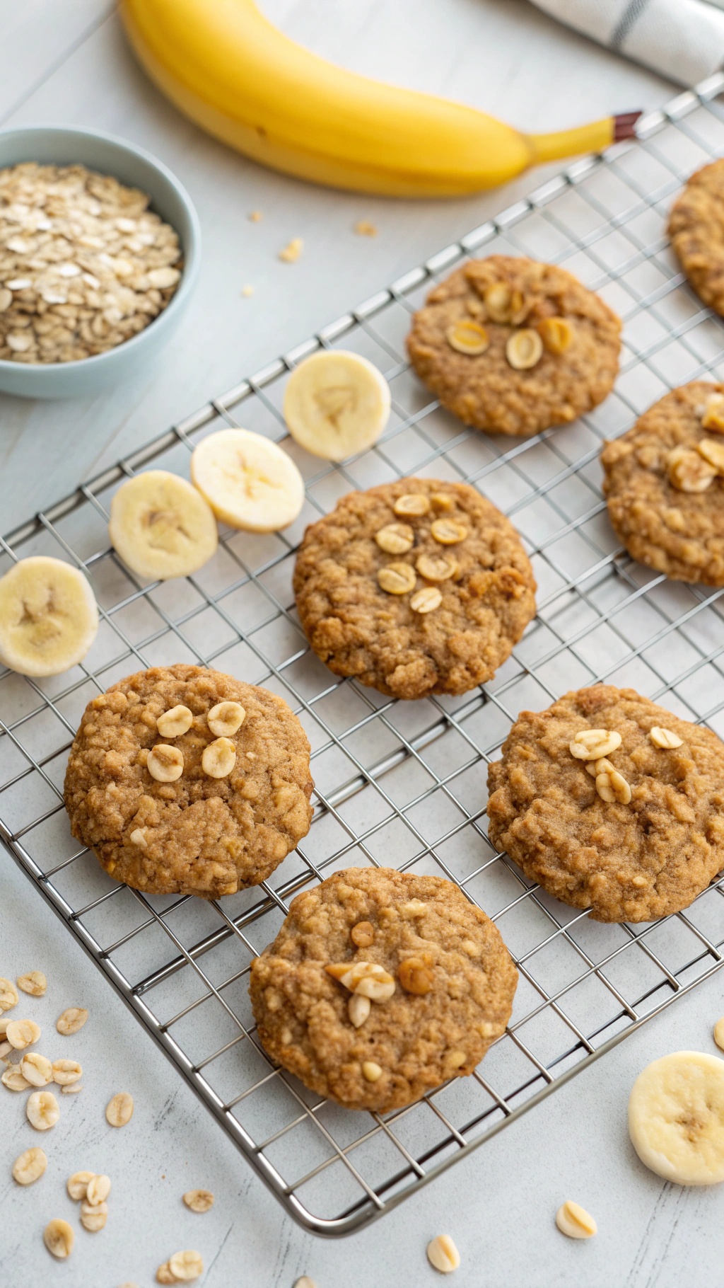 Banana oat cookies cooling on a wire rack with sliced bananas and oats