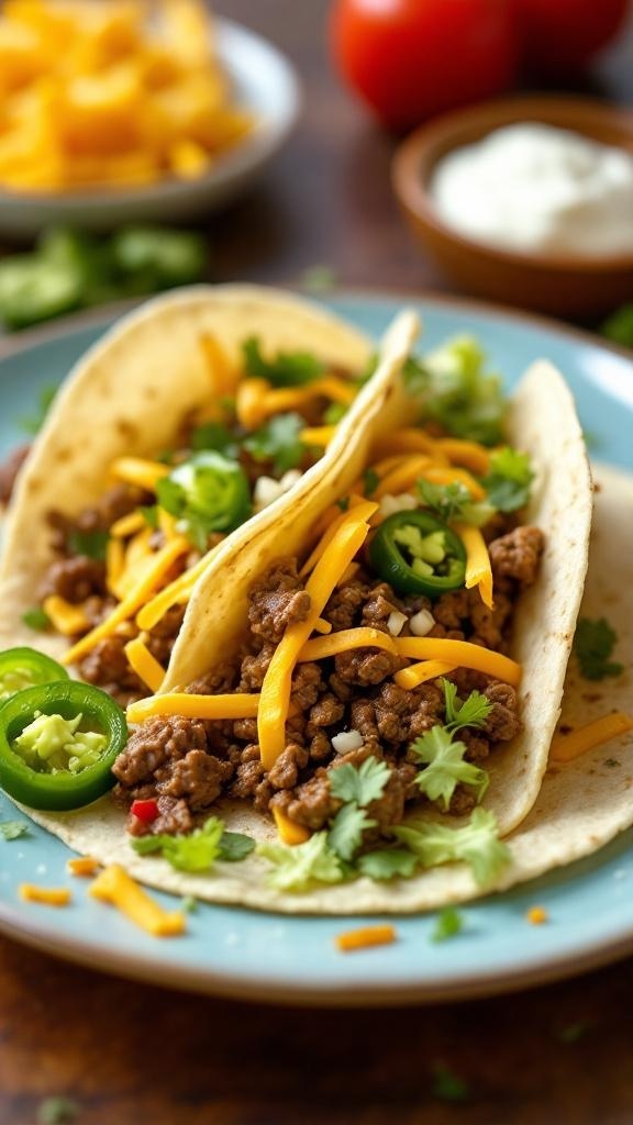 Two beef tacos filled with ground beef, cheese, and fresh toppings on a plate.