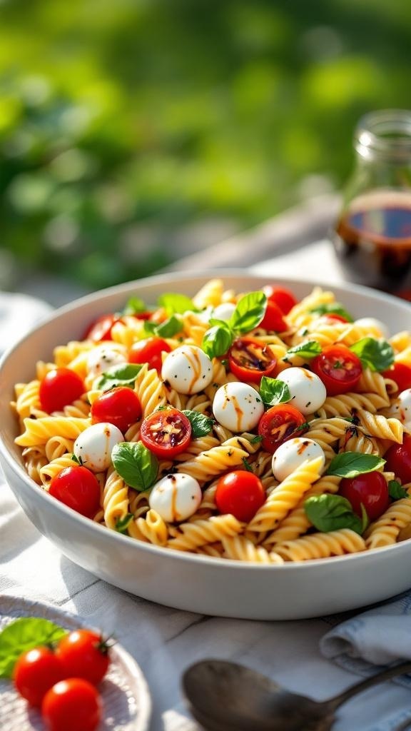 A bowl of colorful Caprese pasta salad with cherry tomatoes, mozzarella balls, and fresh basil.