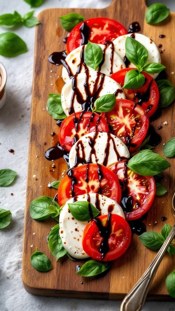 A vibrant Caprese salad with sliced tomatoes, mozzarella, and basil drizzled with balsamic glaze on a wooden board.