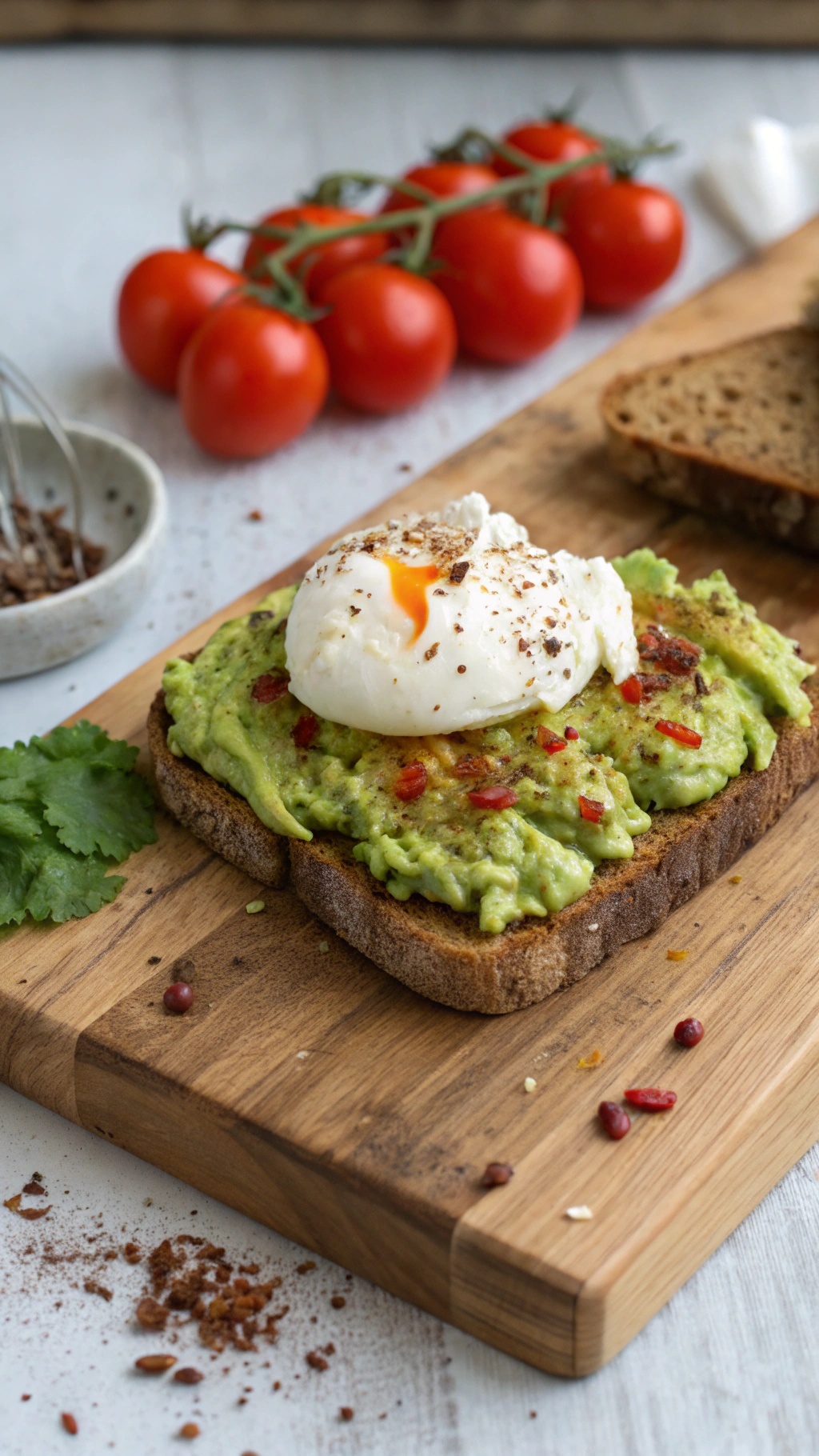 A slice of whole grain toast topped with mashed avocado and a poached egg, garnished with chili flakes and served with cherry tomatoes.