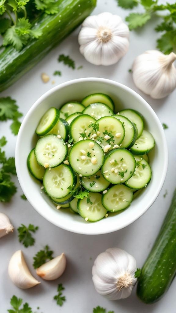 A bowl of sliced cucumbers with garlic and herbs, surrounded by fresh garlic cloves and a cucumber.