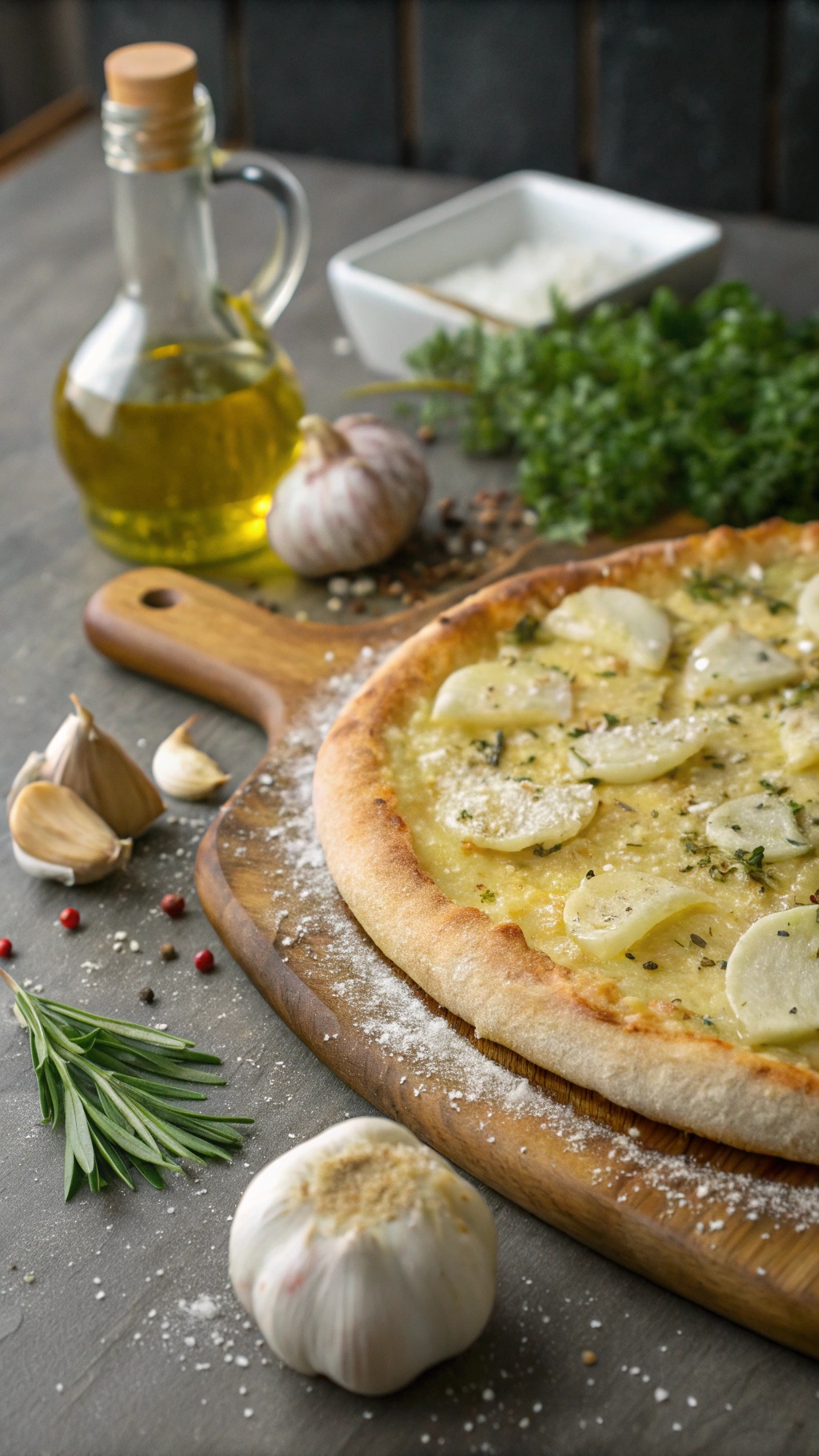 A simple garlic and olive oil pizza with thinly sliced potatoes, garlic, and herbs on a wooden board.