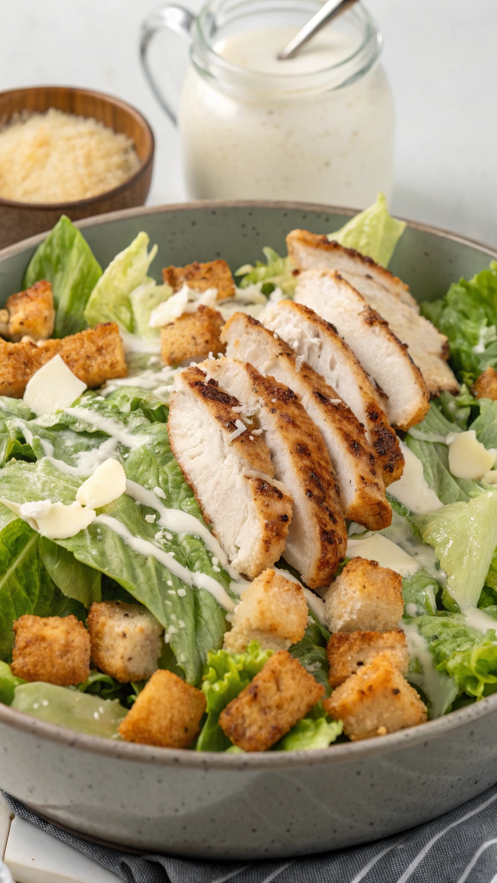 A bowl of grilled chicken Caesar salad with sliced chicken, croutons, and dressing.