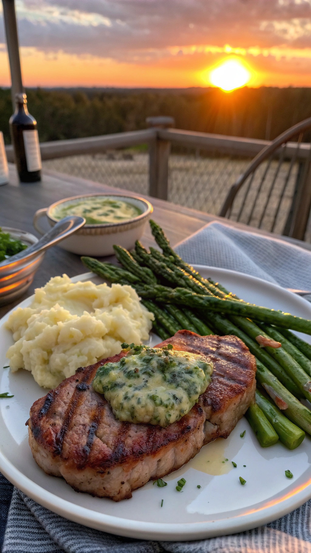 Grilled pork chops with herb butter, mashed potatoes, and asparagus, with a sunset in the background.
