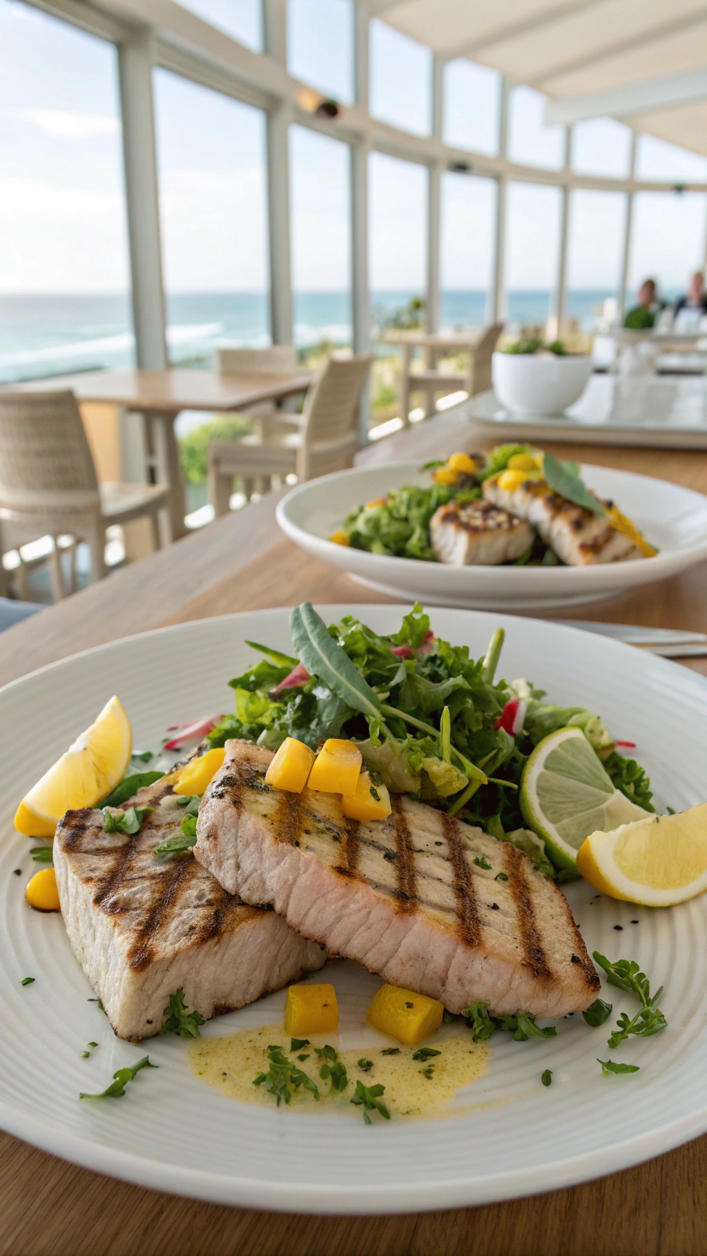 Grilled tuna steaks with citrus salsa served with a fresh salad