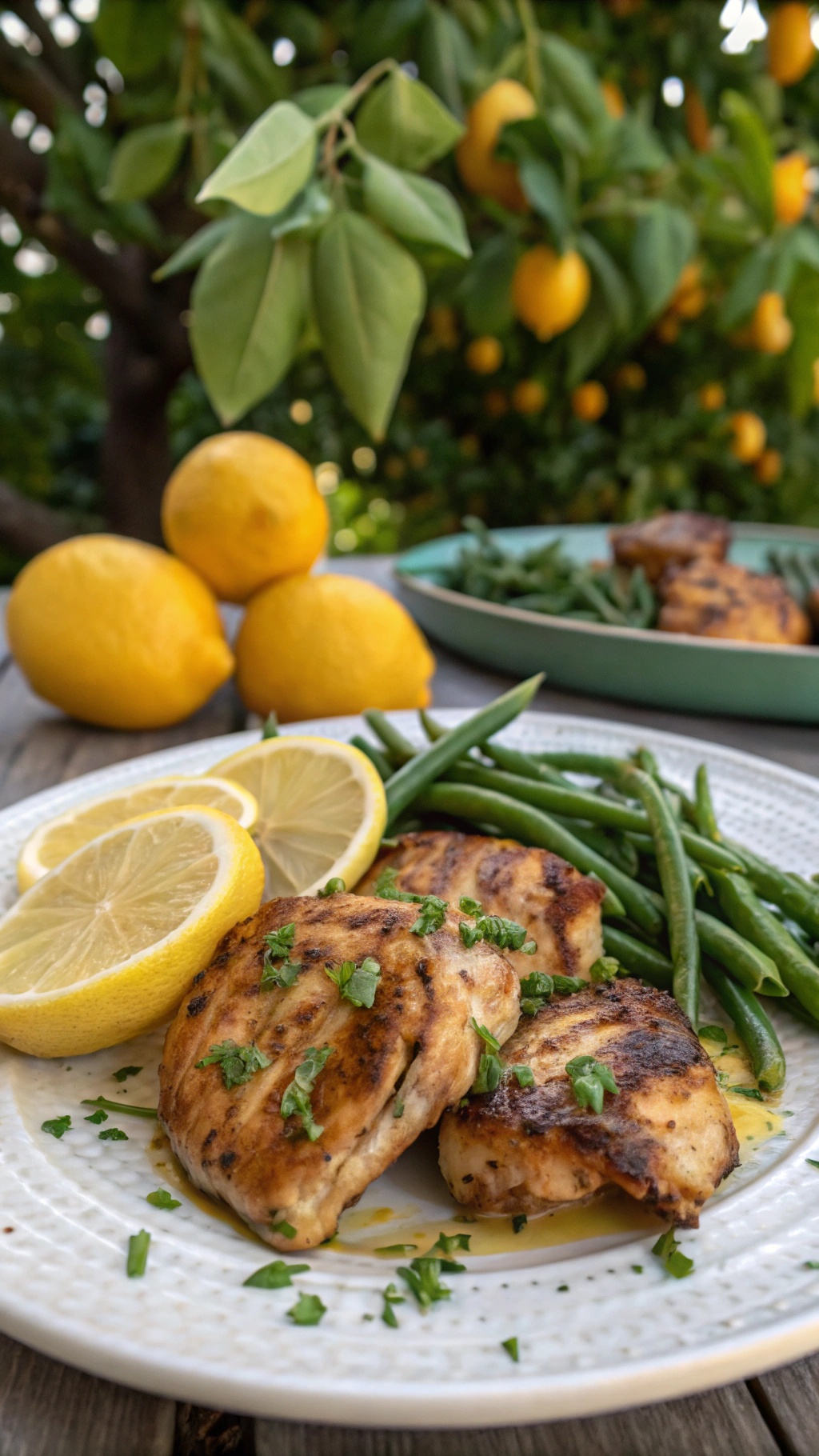 Grilled lemon garlic chicken thighs with green beans and fresh lemons