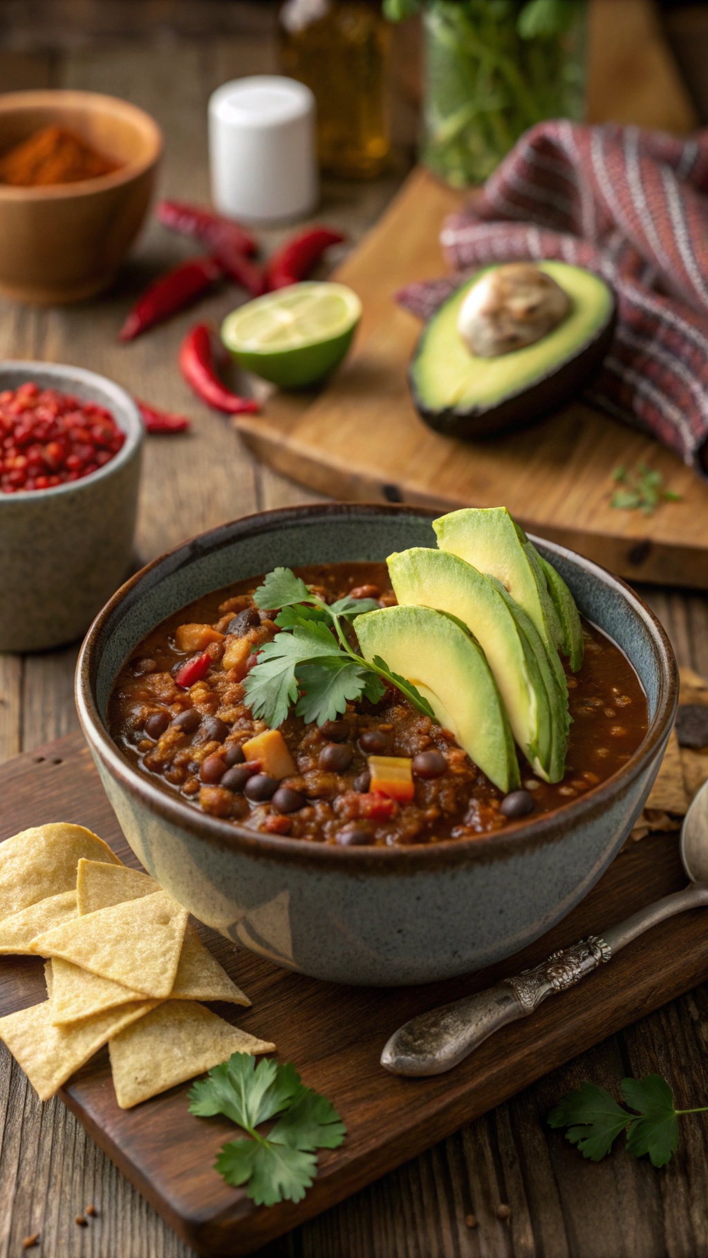 A bowl of lentil chili topped with avocado slices and cilantro, served with tortilla chips.