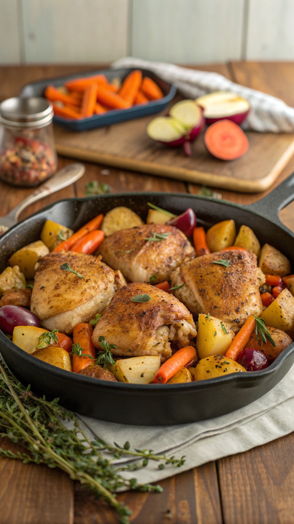 A one-pan chicken dish with veggies, featuring chicken thighs, carrots, and potatoes.