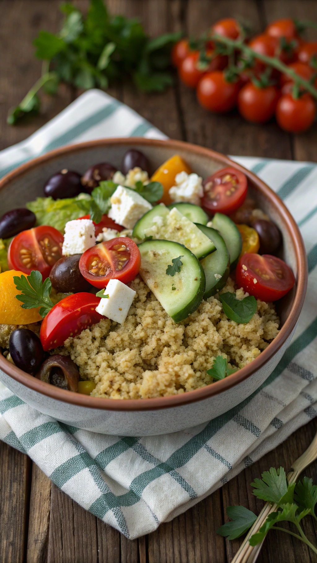 A colorful Mediterranean quinoa bowl with cherry tomatoes, cucumbers, olives, and feta cheese.