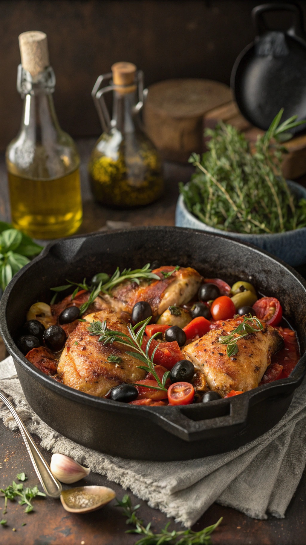 A cast-iron skillet filled with Mediterranean chicken thighs, olives, and cherry tomatoes, garnished with fresh herbs.