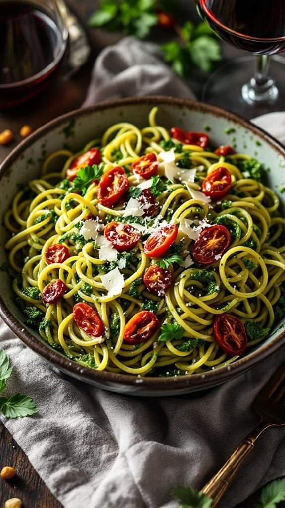 A bowl of Simple Pesto Pasta with Sun-Dried Tomatoes, garnished with cheese and herbs.