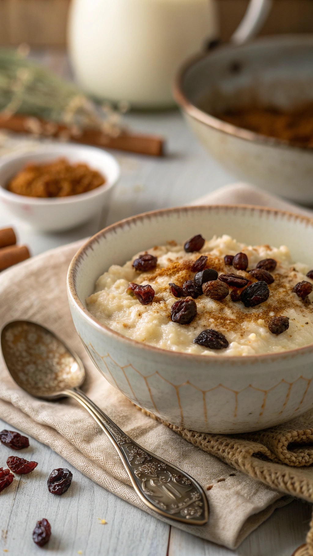 A bowl of rice pudding topped with raisins and cinnamon, with a spoon beside it.