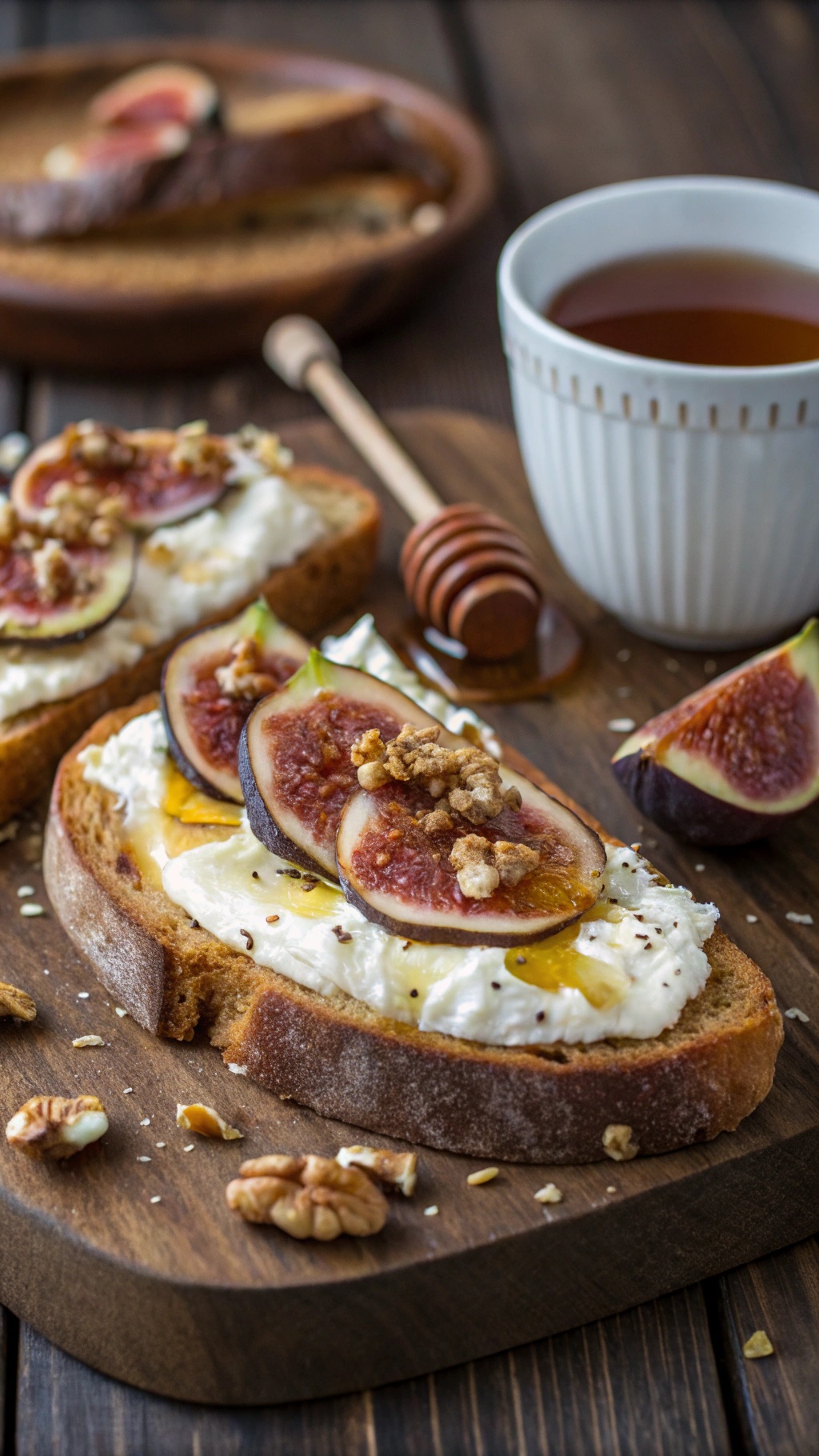 Ricotta and honey toast topped with figs and walnuts on a wooden board