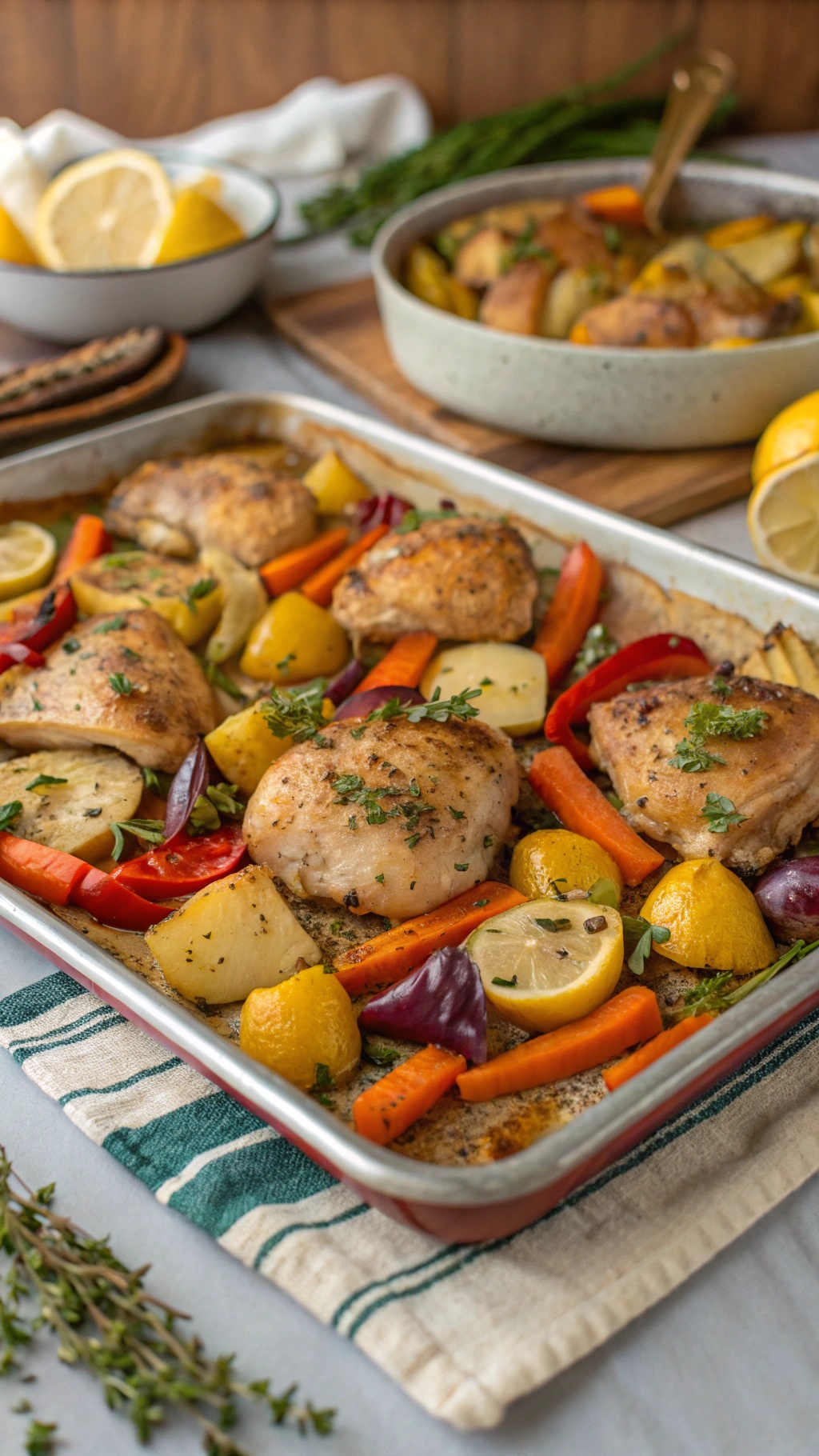 A sheet pan filled with lemon garlic chicken thighs and colorful vegetables, ready to be served.