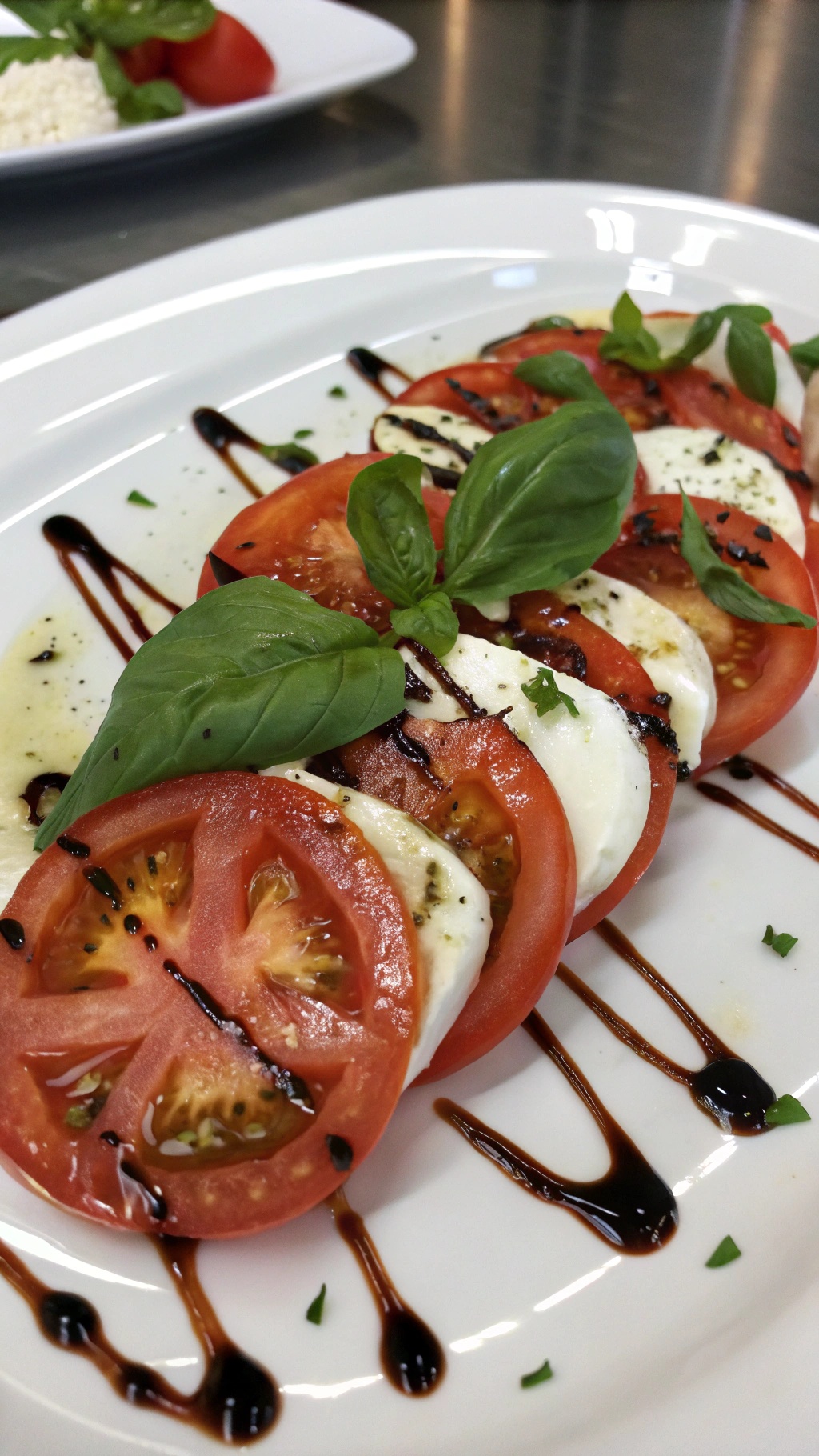 A vibrant tomato and mozzarella salad with fresh basil and balsamic glaze