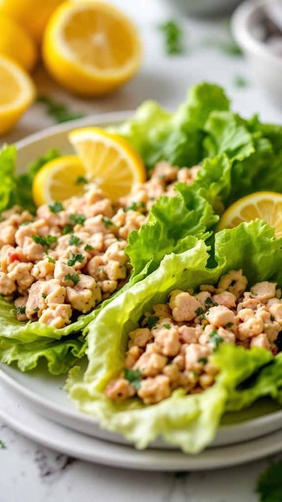 Tuna salad lettuce wraps with lemon slices and fresh parsley