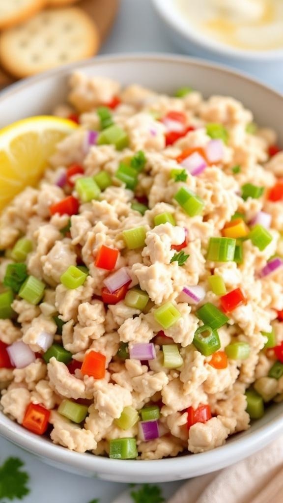 A bowl of simple tuna salad with fresh veggies, garnished with lemon slices.