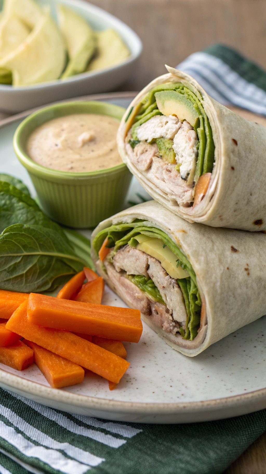 Turkey and avocado wrap with carrot sticks and dip on a plate.