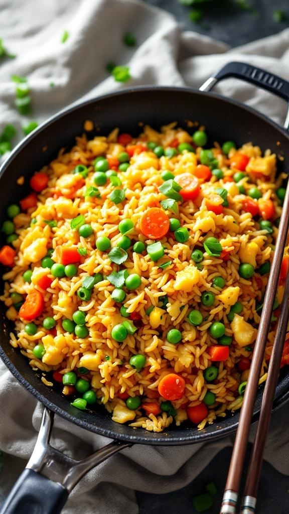 A colorful dish of vegetable fried rice with peas, carrots, and green onions in a black skillet.