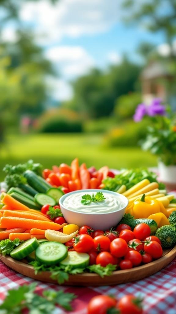 A colorful veggie platter with a variety of fresh vegetables and a dip in the center, set outdoors.