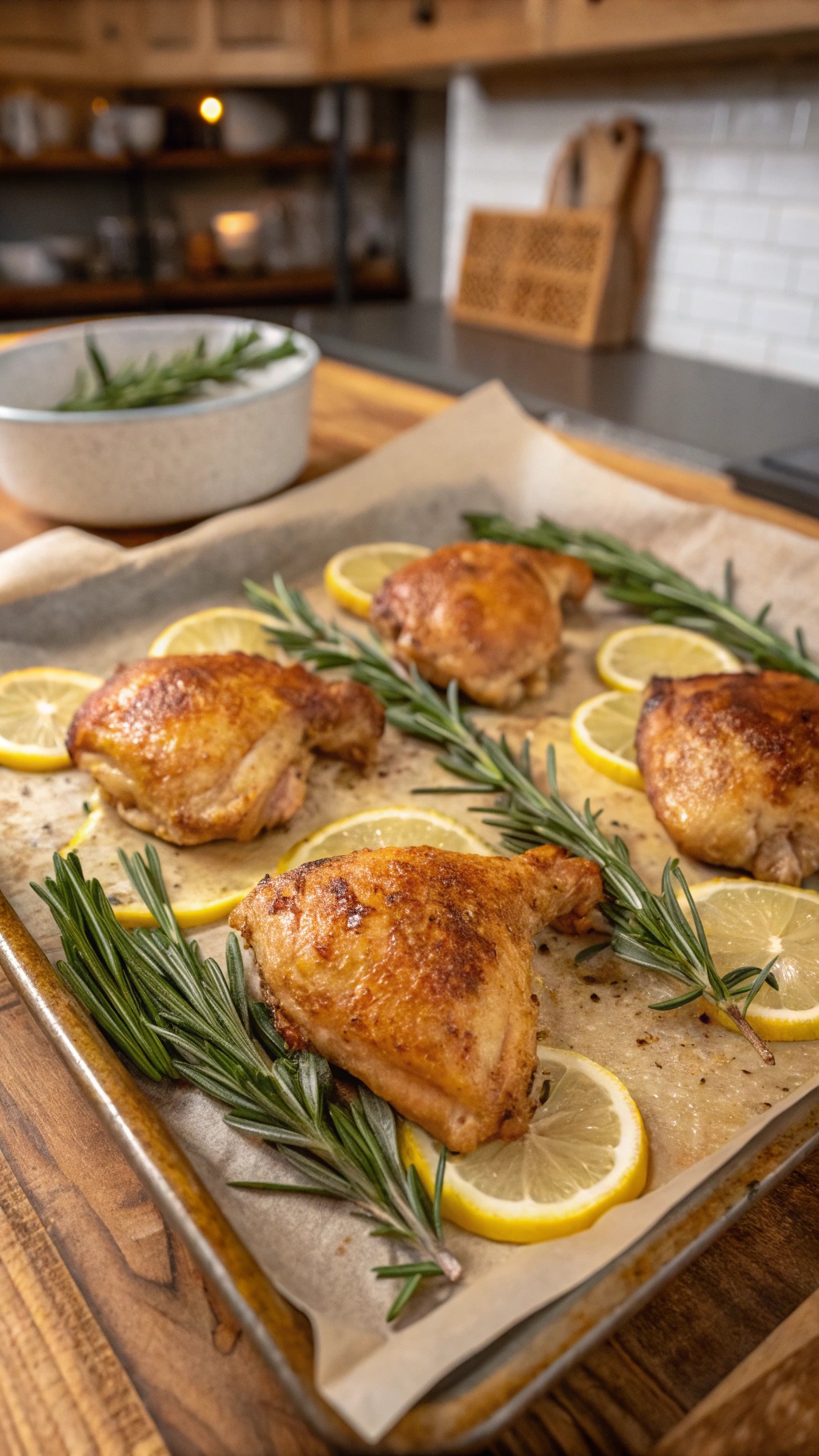 Roasted chicken thighs with rosemary and lemon slices on a baking tray.