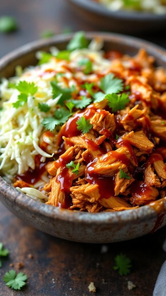 A delicious BBQ chicken taco bowl with coleslaw, garnished with cilantro.