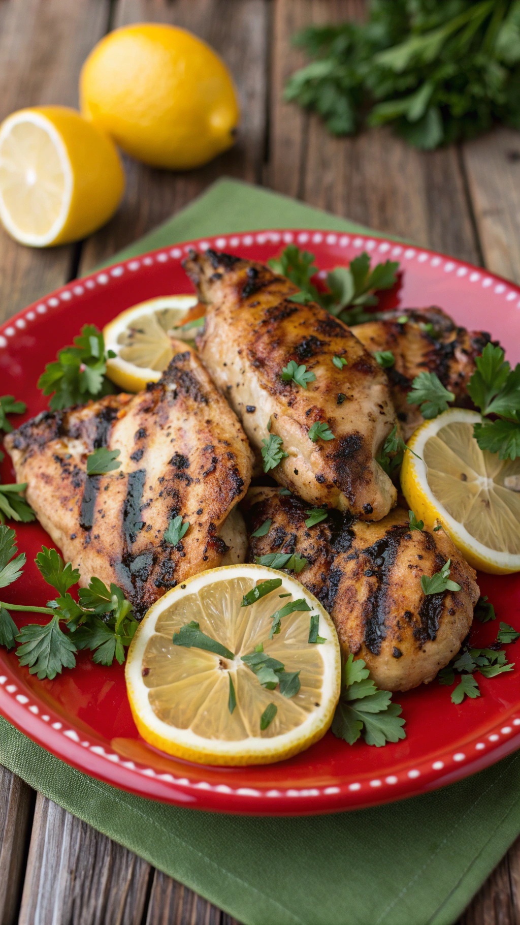 Grilled chicken breasts garnished with lemon slices and parsley on a red plate.